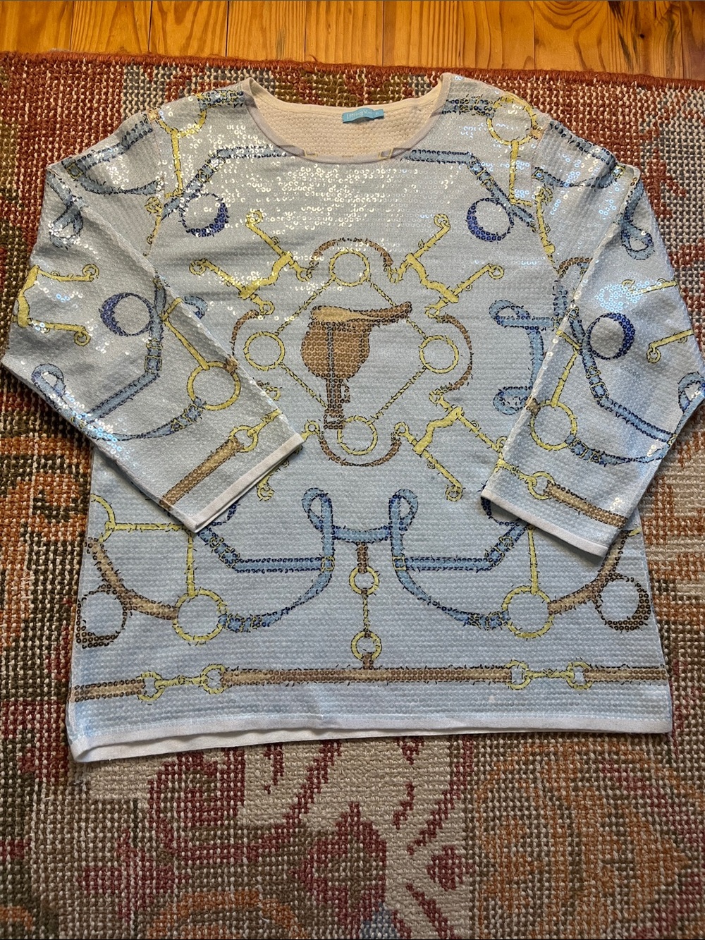 J.McLaughlin Corali Sequins Horse Bridle Bit Top Light Blue Size XL EUC